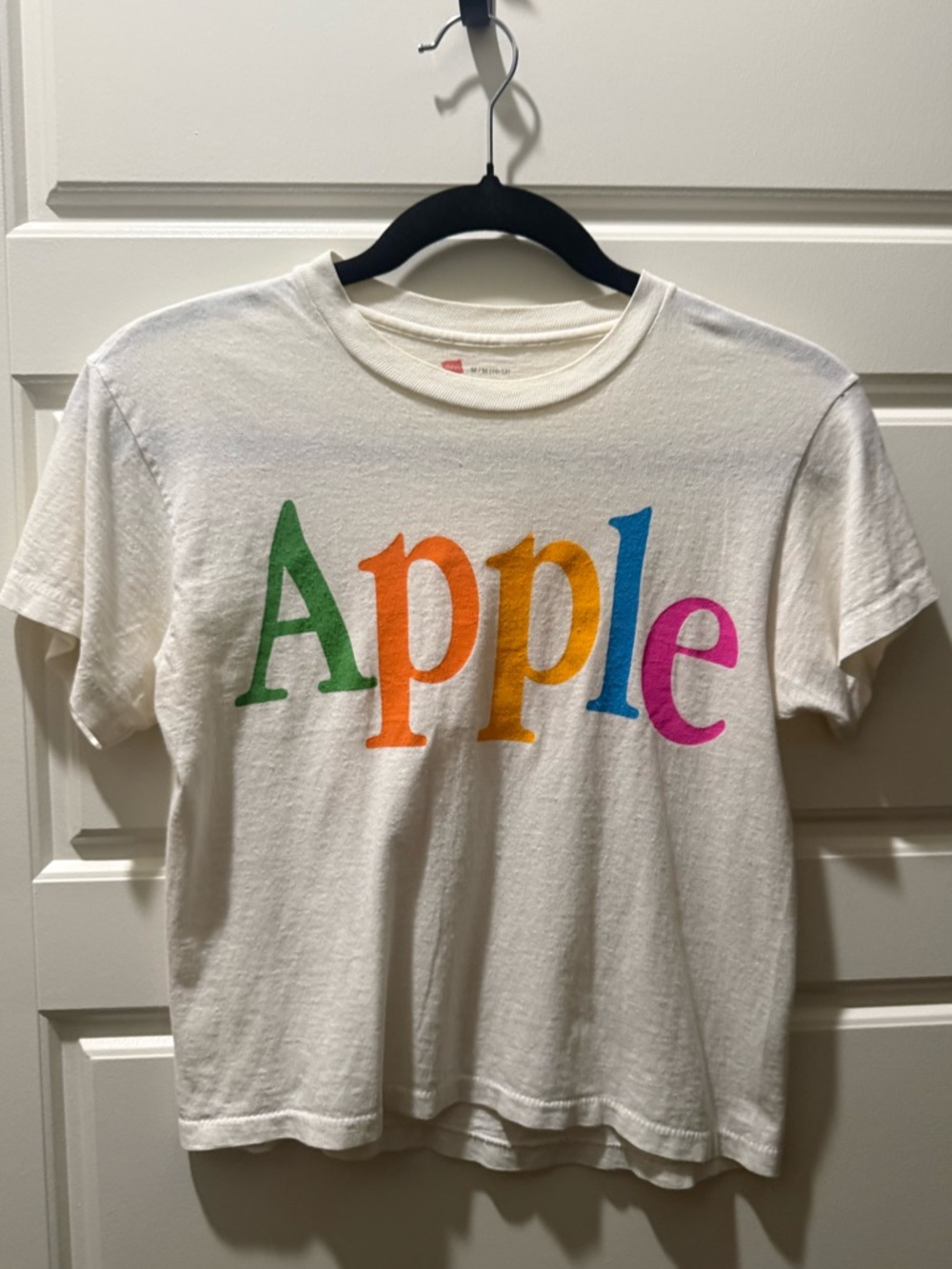 Vintage-Inspired 'Apple' Graphic Tee in White with Rainbow Letters